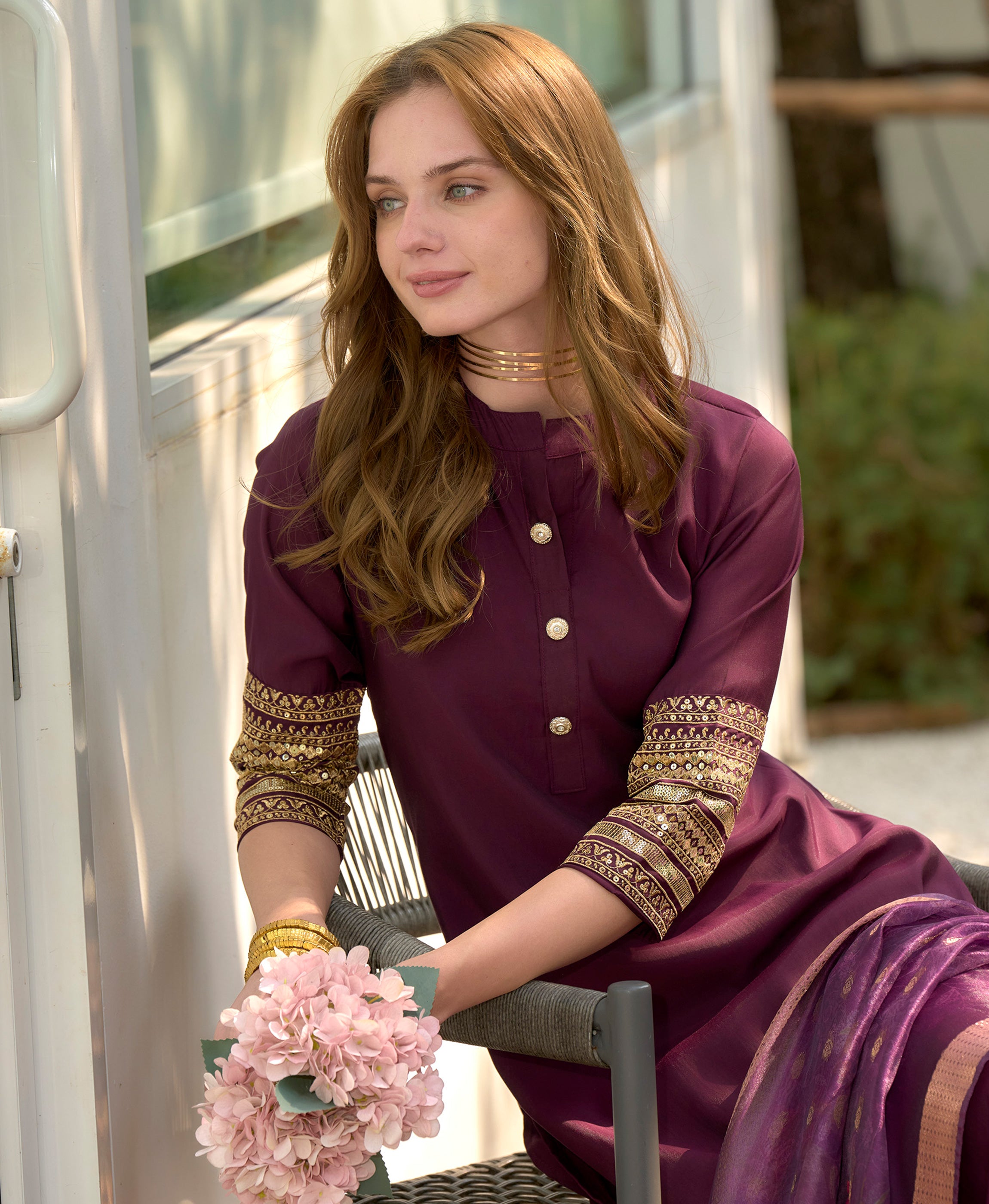Wine Floral Tissue Kurti Set with 3/4 Sleeves and Viscose Pocket Pant with Dupatta